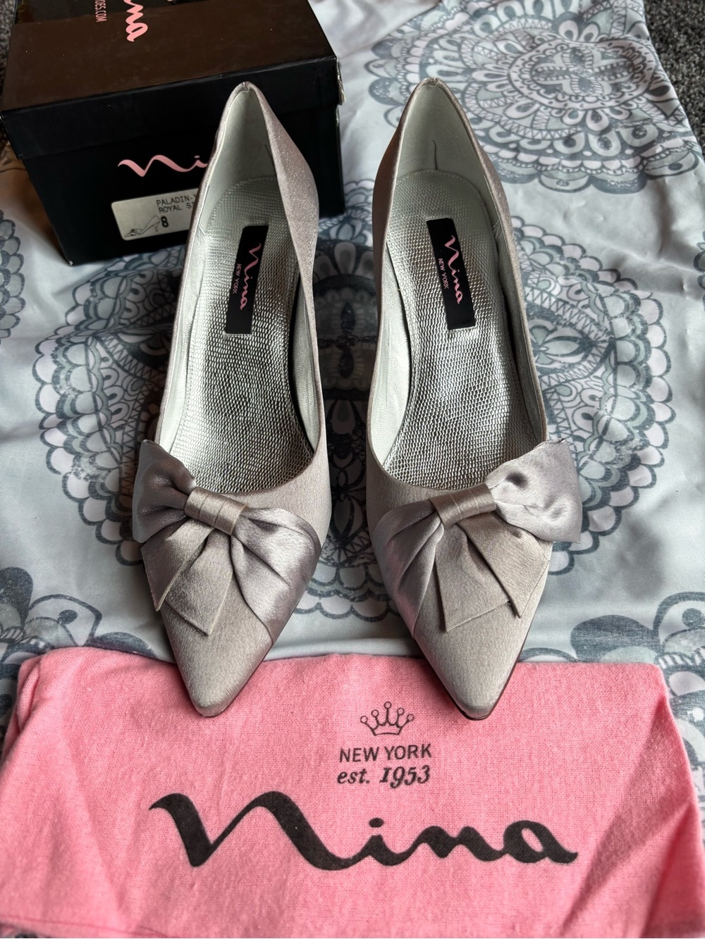 Nina Silver Satin Pointed-Toe Pumps with Bow Accent Paladin